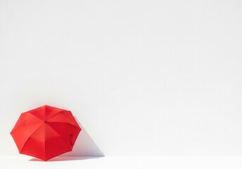 A red umbrella sitting on top of a white surface