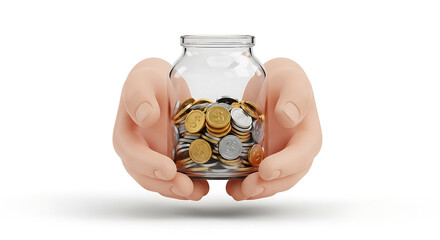 A pair of hands carefully holding a clear glass jar filled with gold and silver coins, representing savings, investment, and financial planning