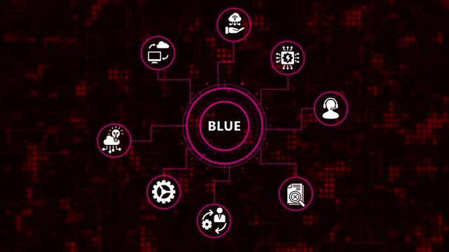 Blue background with digital icons connected to a central circle, representing cloud computing, data analysis, and artificial intelligence concepts