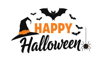 Happy halloween greeting with witch hat bats spiders and festive orange text for spooky celebration isolated on white background