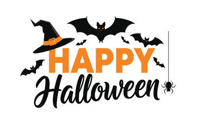 Spooky happy halloween text design with bats witch hat and spider for festive decorations and celebrations isolated on white background