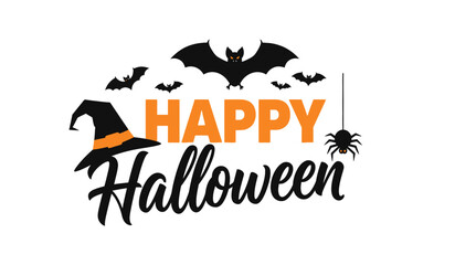Happy halloween greeting with spooky bats witch hat and spider perfect for festive decorations and party invitations autumn holiday celebration isolated on white background
