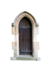 A stone door frame and a brown wooden door isolated with a transparent background.