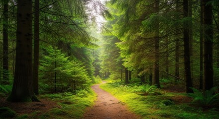 Fototapeta premium Sunlight filtering through tall green pine trees onto a path in a dense forest