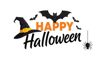 Spooky happy halloween greeting with witch hat bats and spider festive design for celebrations isolated on white background