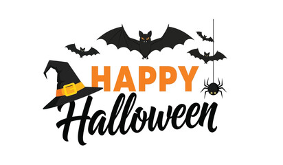 Spooky happy halloween bat witch hat spider text design for festive seasonal celebrations and themed parties decorative element isolated on white background