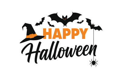 Happy halloween greeting with witch hat bats and spider spooky celebration art festive design isolated on white background