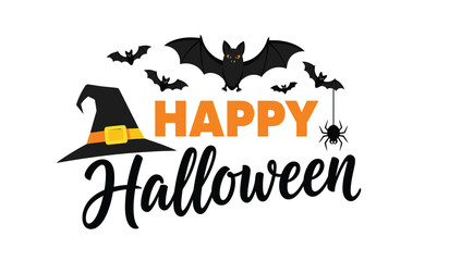 Fototapeta premium Spooky happy halloween text design featuring bats witch hat spider and festive orange accents for festive celebrations and decorations isolated on white background