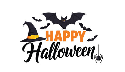 Spooky happy halloween text design with witch hat bats and spider for festive celebrations and party decorations isolated on white background