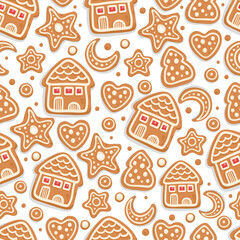 Seamless vector New Years Eve pattern on white background. New Year gingerbread in the form of Christmas cookies, moon, heart, star, houses and little drops