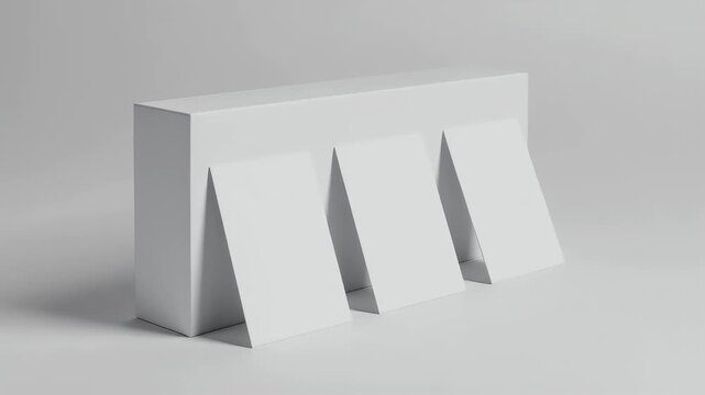 A stark, minimalist composition featuring three tilted rectangular planes leaning against a solid block, all in a uniform, neutral white color