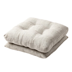 Two square beige cushions stacked, buttoned, on a black background