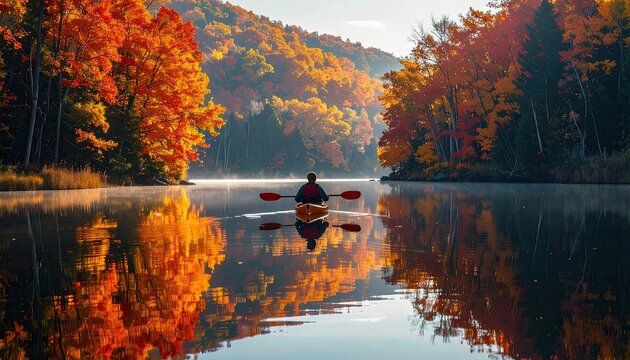 Kayaker paddles tranquil autumn lake - Powered by Adobe