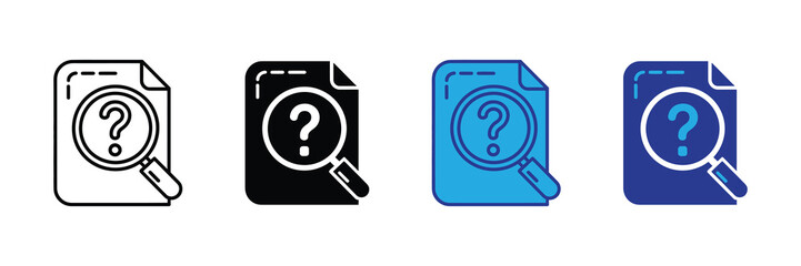 Four different icons representing a document with a magnifying glass over a question mark, isolated on white background