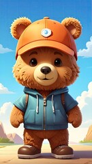 Cute Brown Bear Cub Wearing a Blue Hoodie and Orange Cap on a Sunny Beach