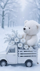 A white bear cub is sitting on a car with white flowers, it's snowing around the forest and trees. Christmas illustration