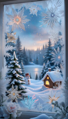 A large window with a view of the Christmas trees and the snow-covered house white snow