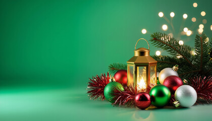 The photo above shows red and green Christmas tree balls, toys, a golden flashlight and tinsel on pine branches on an isolated green background with an empty space golden side