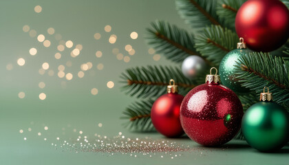 Photo from above showing red and green Christmas tree balls and toys on pine branches on an isolated green background with an empty space golden side