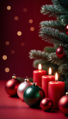 The photo above shows red and green Christmas tree balls, toys, red candles on pine branches on an isolated red background with an empty space