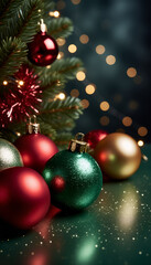 Photo from above showing red and green Christmas tree balls, toys and red tinsel on pine branches on an isolated green and black background with an empty golden side