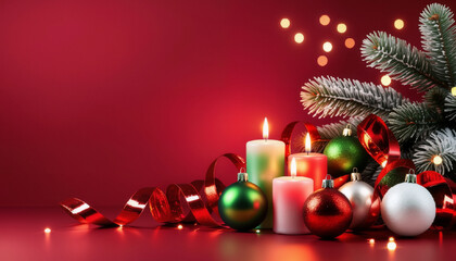 The photo above shows red and green Christmas tree balls, toys, candles and ribbons on pine branches on an isolated red background with an empty space
