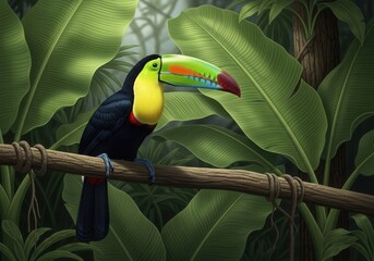Fototapeta premium A colorful toucan sitting on a branch in the jungle