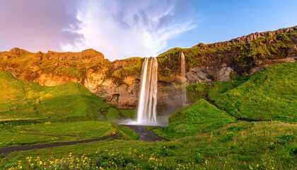 Dramatic waterfall cascading down rugged cliffs at sunset. Lush green hills surround the scene