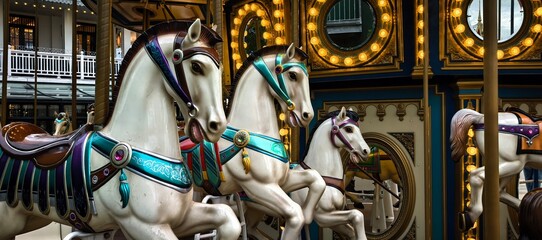 Carousel horses in a row with lights and ornate details © Thanakrit