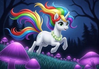 A rainbow dash unicorn running through a field of purple mushrooms