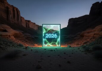 A picture of a neon sign in the middle of a desert