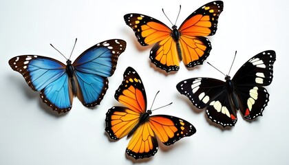 Obraz premium Four colorful butterflies with beautiful intricate patterns on wings. Set includes blue morpho, orange monarch, black admiral species. Collection of vibrant flying insects isolated on white