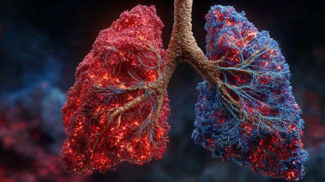 Influenza lung protection concept ,Lung anatomy lung tissue pulmonary system immune response inflammation red blue