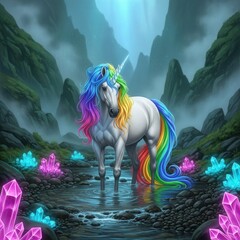 A unicorn standing in a stream of water surrounded by crystals