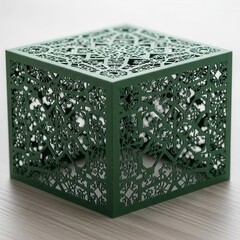 A green box with a pattern on it sitting on a table