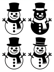 A black and white drawing of snowmen and a snowman, Cheerful smiling snowman character wearing a top hat with stick arms and a carrot nose winter holiday illustration