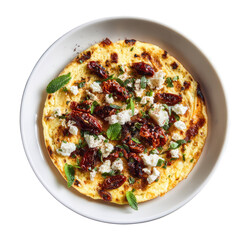 Plate of golden omelet topped with feta, sundried tomatoes, and herbs