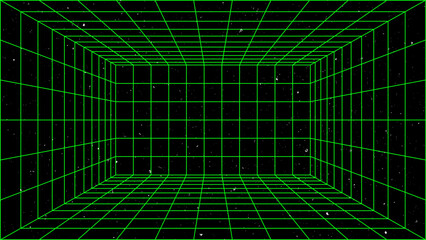 3D wireframe perspective grid room template design vector illustration background. Empty three dimensional virtual room perspective wireframe grid geometric sketch. Cyber virtual line interior frame.