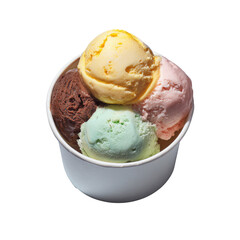 Scoops of colorful ice cream in a cup, top view