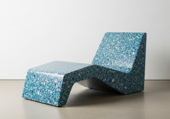 A blue and white chair sitting on top of a cement floor