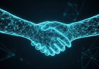 A pair of hands shaking each other in front of a dark background