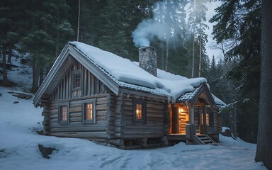 Cozy Winter Cabin in a Snowy Forest