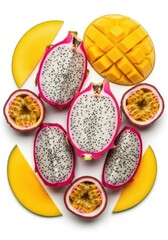 A dragon fruit cut in half and sliced in half on a white surface