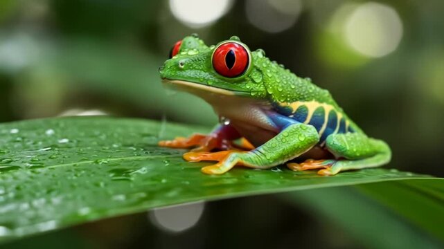 Red-eyed tree frog on a leaf, dew droplets cling to its vibrant skin