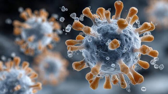 Influenza lung protection concept ,Microscopic virus pathogen dissolve contact droplet cell immune response calm yet urgent