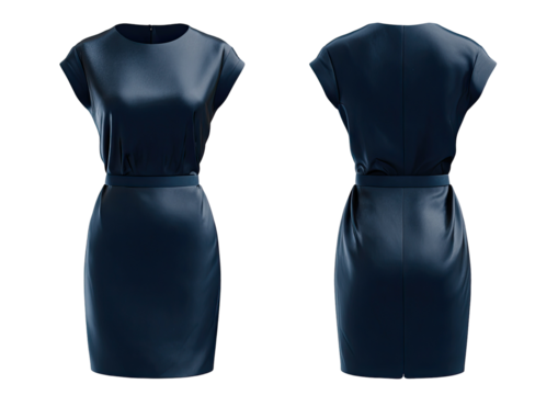 Front and back view of a sleek, navy blue dress with cap sleeves and a belted waist