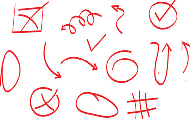Red pencil hand drawn various oval, chalked arrows, check marks. Vector doodle marker drawing. Hand drawn charcoal symbols for diagrams. Freehand grunge red strikethrough and underline elements