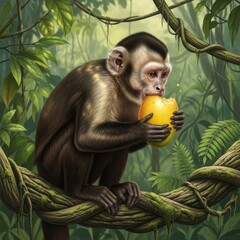A monkey sitting on a tree branch eating an orange