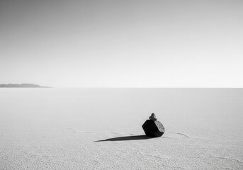 A black and white photo of a rock in the middle of a desert