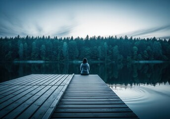 A person sitting on a dock looking out over a lake